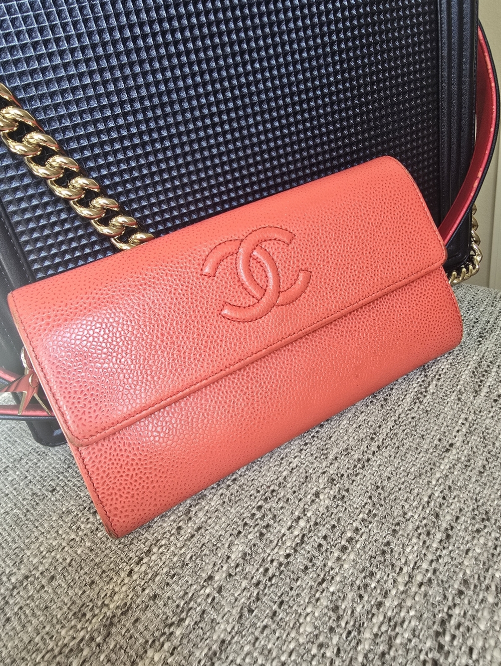 Authentic CHANEL Coral Red / Orange Caviar Leather Long Wallet